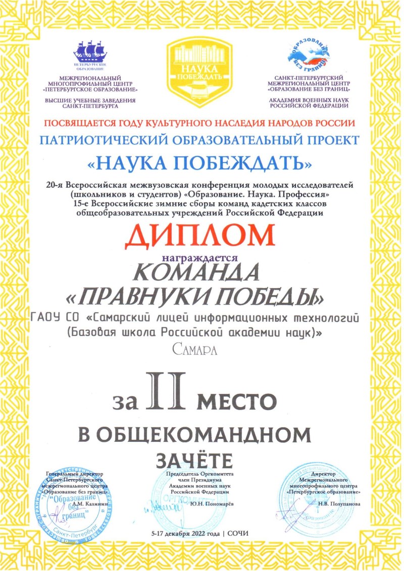 диплом за победу команды Правнуки Победы