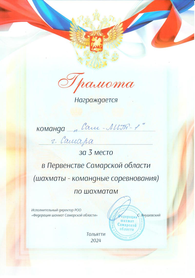 диплом 3 степени шахматы перв Сам обл 2024 февраль